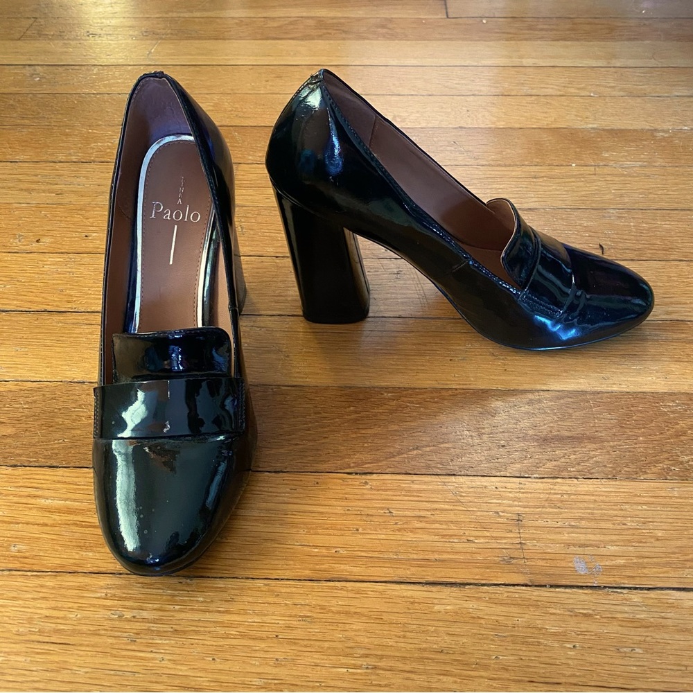 Linea Paolo black patent leather block heel pumps size 7.5